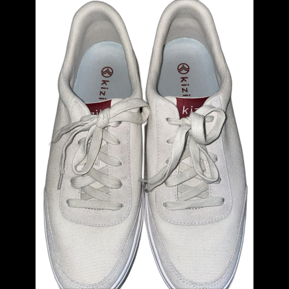 Kizik Shoes Men 10 Women 11.5Hands Free Casual Low Sneakers Beige Canvas Lace Up